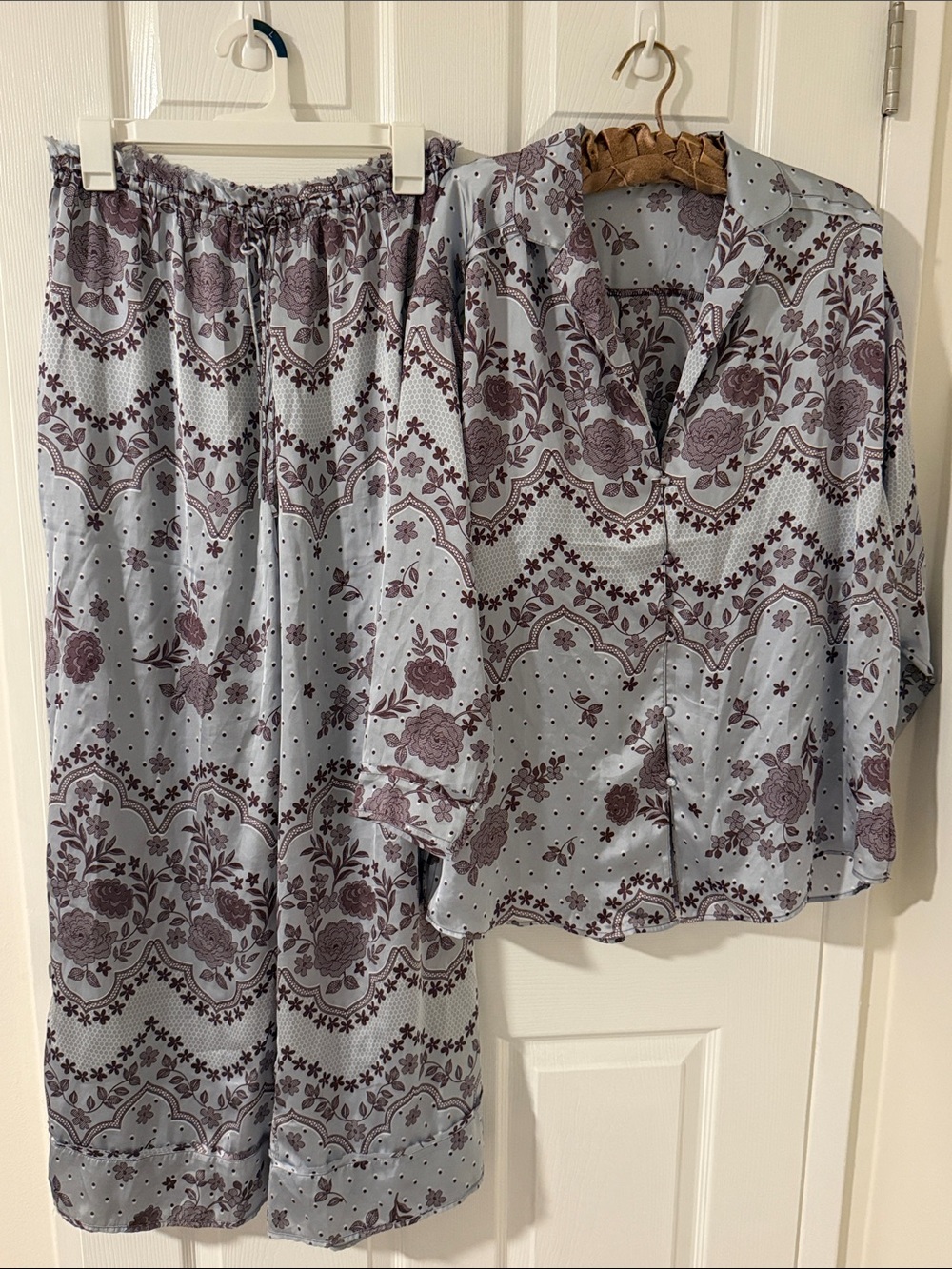 Free People Light Blue Satin Pajama Set with Purple Floral Print